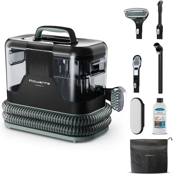 Rowenta Aspirator cu spalare Rowenta Clean IT IN5021F0, 750W, putere aspirare 13.5kpa, rezervor apa & detergent 2.3L, rezervor apa murdara 1.5L, perii 8/15 cm, accesoriu spatii inguste & incaltaminte, auto clean, husa, pad inlaturare scame, Negru