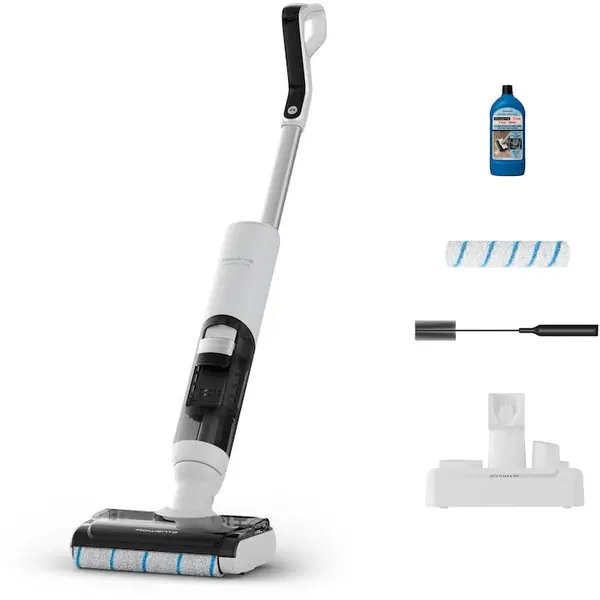 Rowenta Aspirator vertical fara fir cu spalare Rowenta X-Clean 5 Pro, 250 W, 530 RPM, pana la 50 min autonomie, ecran LED, functie uscare & autocuratare, tehnologie anti-incalcire, compatibil cu detergenti, alb / negru
