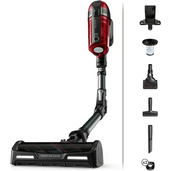 Rowenta Aspirator vertical fara fir Rowenta X-Force Flex 12.60 RH98A8WO, 320W, 25.2V, autonomie 45 min, filtrare 99.9%, tub flexibil, perie cu iluminare LED, panou digital Smart Control, suport de perete cu incarcare, negru & rosu
