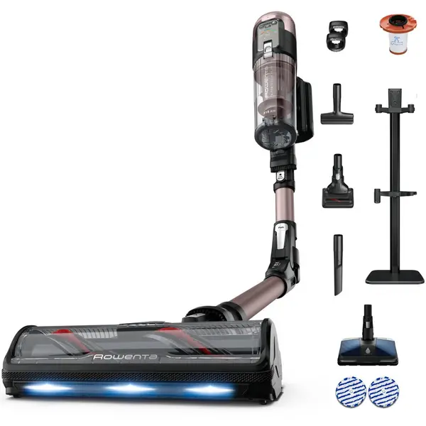 Rowenta Aspirator vertical Rowenta X-Force Flex 16.60 Aqua RH9CD9E0 cu mop, 780W, autonomie 120 min, filtrare 99.9%, recipient 0.65L, tub flexibil, perie cu tehnologie anti-incurcare & LED, panou Smart Control, statie incarcare cu suport accesorii, Roz-