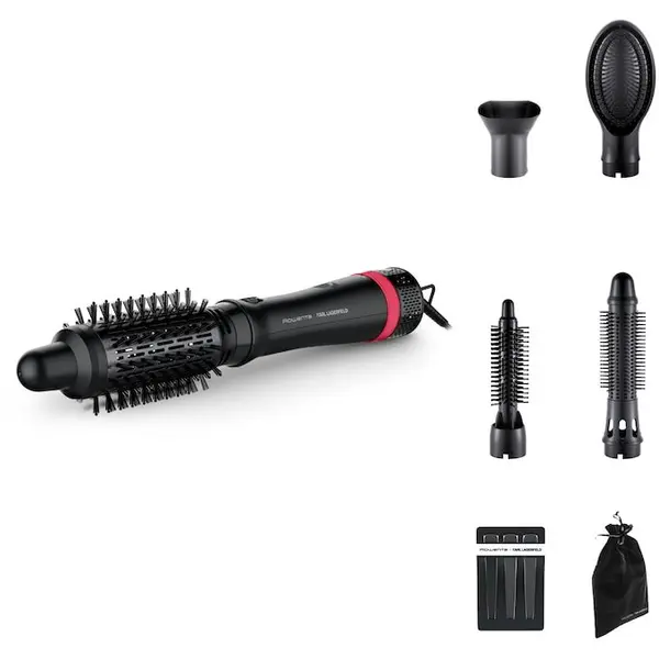 Rowenta Perie cu aer cald Rowenta x Karl Lagerfeld Express Style CF635LF0, 800W, 3 trepte de viteza / temperatura, 5 accesorii, invelis Keratin & Glow, functie hair respect, cablu rotativ 360° , negru