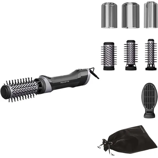 Rowenta Perie rotativa cu aer cald, Rowenta Brush Activ UB9534F0, 1000W, 2 trepte viteza/temperatura, husa inclusa, functie jet de aer rece, generator de ioni, invelis ceramic, negru/argintiu