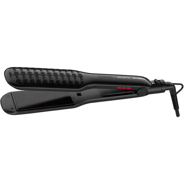 Rowenta Placa de indreptat parul Rowenta x Karl Lagerfeld Extra Liss SF411LF0, temperatura ajustabila 130°C - 230°C, invelis Keratin & Glow, functie straight&curl, afisaj LED, varf rece, incalzire rapida in 30 secunde, negru