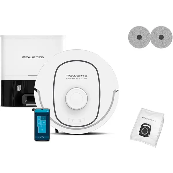 Rowenta Robot de aspirare Rowenta X-Plorer Serie 380+ Animal & Allergy RR89U7E0, putere 8.000 Pa, autonomie 120 min, recipient praf 0.22L, functie mop, tehnologie anti-incurcare, management harti, statie all in one, laser LiDAR 360°, Wi-Fi, alb