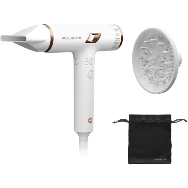 Rowenta Uscator de par compact Rowenta Nano HY8140F0, 1700W, 3 trepte de viteza si temperatura, duza de concentrare, difuzor pentru volum, generator de ioni, functie flux de aer rece, grilaj detasabil, perie de curatare inclusa, alb