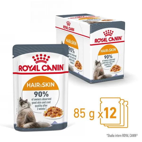ROYAL CANIN Hair&Skin Care Adult hrană umedă pisici piele & blană (în aspic), bax, 85g x 12buc