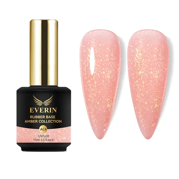 Rubber Base Everin Amber Collection 04 – Bază rubber Piersicie cu Fulgi Aurii Irizați, HEMA & TPO Free, 15ml