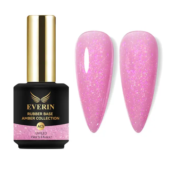 Rubber Base Everin Amber Collection 05 – Bază rubber Roz Intens cu Fulgi Irizați, HEMA & TPO Free, 15ml