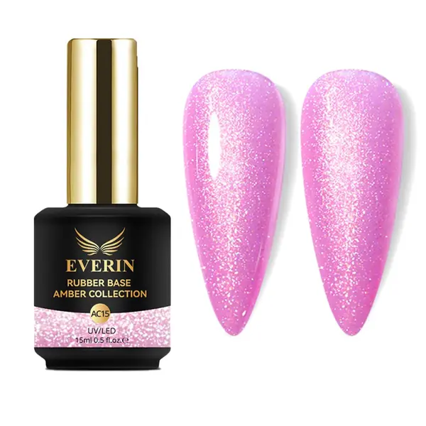 Rubber Base Everin Amber Collection 15 – Bază rubber Roz Intens cu Sclipici, HEMA & TPO Free, 15ml