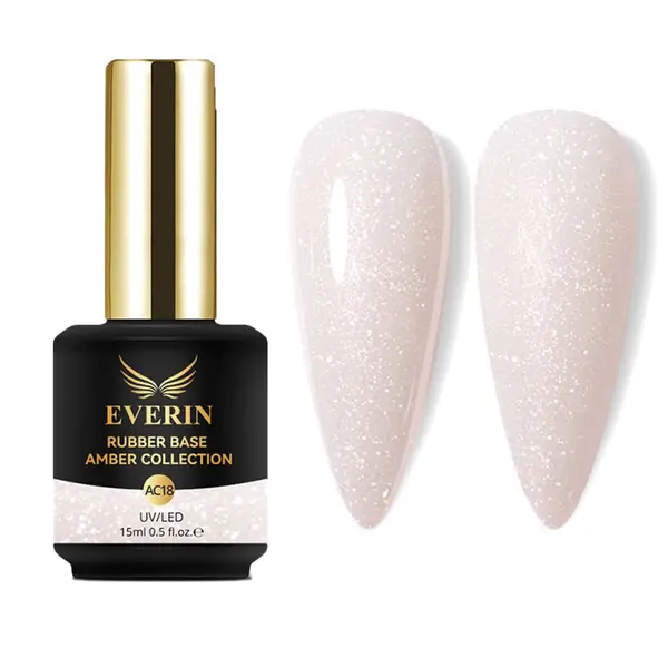 Rubber Base Everin Amber Collection 18 – Bază rubber Alb-Lăptos cu Sclipici Fin, HEMA & TPO Free, 15ml
