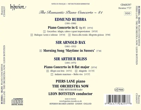 Rubbra / Bliss: Piano Concertos | Piers Lane, The Orchestra Now, Leon Botstein