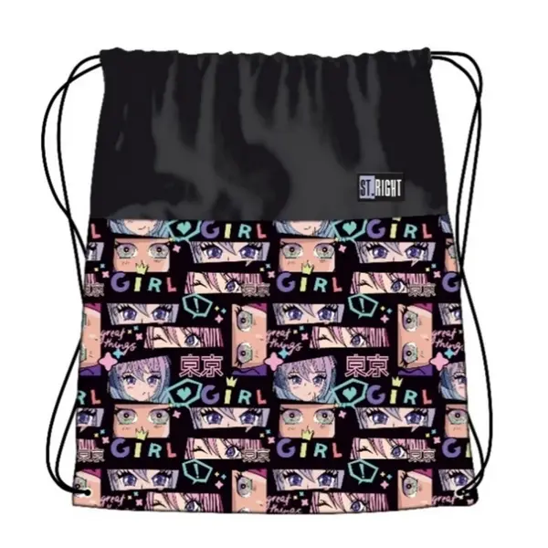 Rucsac cu snur pentru copii Colour Anime, poliester, negru, 43x34 cm