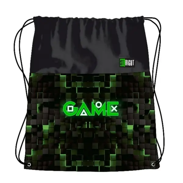 Rucsac cu snur pentru copii Game, poliester, negru cu verde, 43 cm