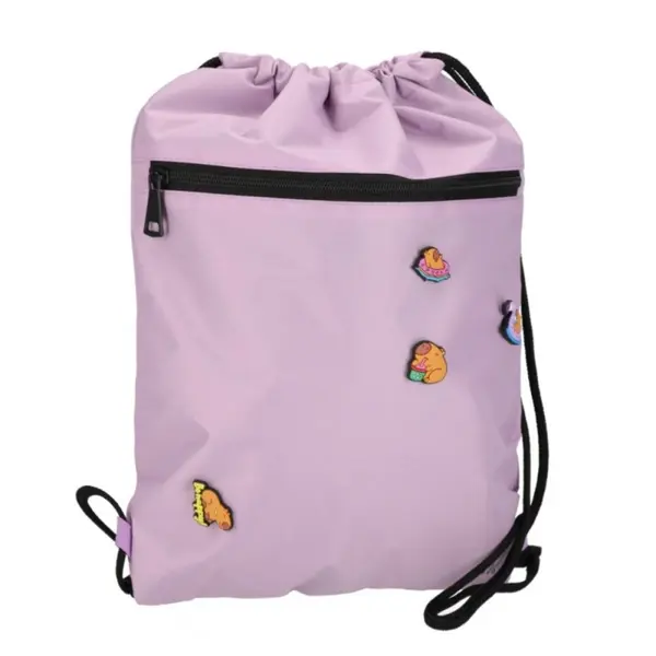 Rucsac cu snur pentru copii, imprimeu Capybara Pins, mov, 38x33 cm