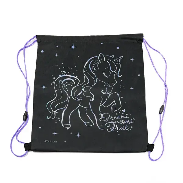 Rucsac cu snur pentru fetite Unicorn Holo, negru cu mov, 38.5x33 cm