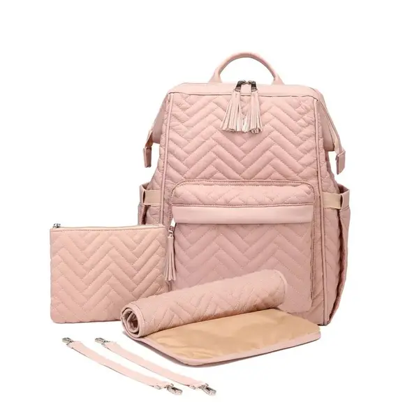 Rucsac/Ghiozdan impermeabil roz, multifunctional pentru mamici si bebelusi, 3 modalitati de purtare, 12 buzunare, spatios, atasabil la carucior, saltea pliabila, suport termoizolant