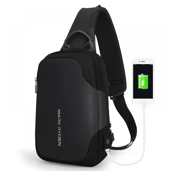 Rucsac/Ghiozdan Mark Ryden casual, cu o singura curea, port USB, full impermeabil, sistem antifurt, unisex, spatios, compatibil tableta 9.7 inch, negru, potrivit pentru calatorie, scoala sau servici
