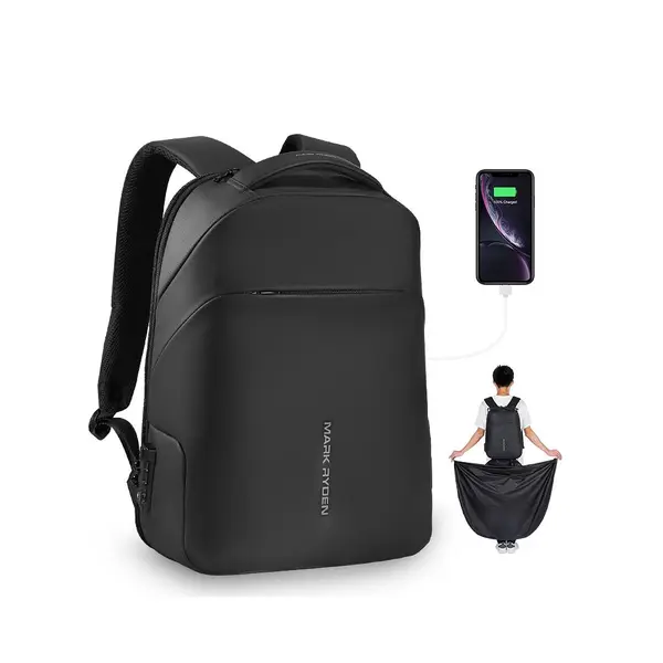 Rucsac/Ghiozdan Mark Ryden compatibil cu laptop 15.6 inch si tableta 9.7 inch, capacitate 16L, blocare TSA, port USB, full impermeabil, sistem antifurt, unisex, spatios, calatorie, scoala sau servici, negru
