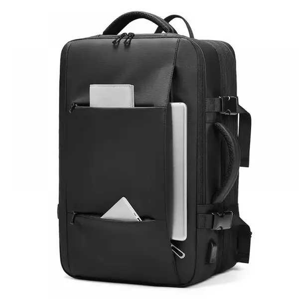 Rucsac/Ghiozdan MingLu pentru laptop 17.3 inch, extnsibil 30-47L, port USB, impermeabil, spate ventilat, unisex, spatios, calatorie, scoala sau servici, negru