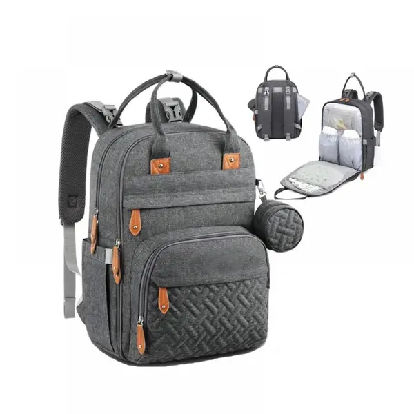 Rucsac/Ghiozdan, multifunctional pentru mamici si bebelusi, 3 modalitati de purtare, 15 buzunare, spatios, atasabil la carucior, saltea pliabila, buzunare termoizolante, buzunar detasabil pentru bibiron/suzeta, gri