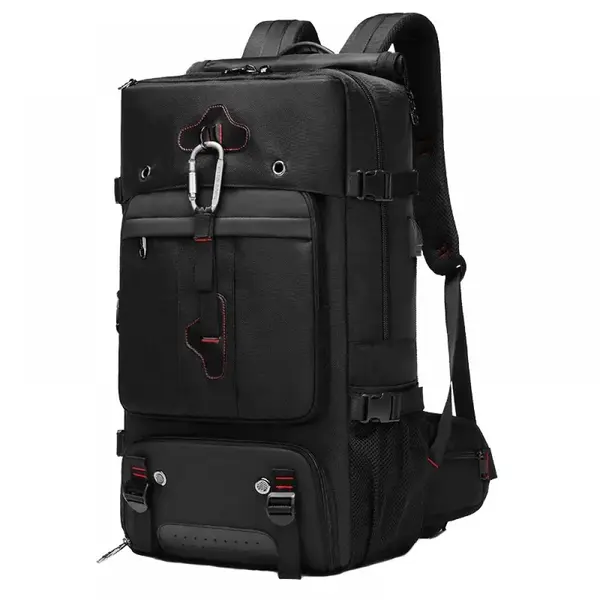 Rucsac pentru drumetii, MingLu, port USB, impermeabil, ergonomic, extensibil 56-77, 3 modalitati de purtare, unisex, negru