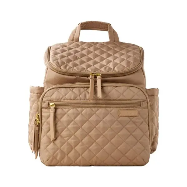 Rucsac pentru mamici, Skip Hop, Compartimentat, Matlasat, Cu multiple buzunare, Include 2 gentute mai mici pentru depozitare si salteluta de infasat, 41x20x36 cm, Bej/Maro