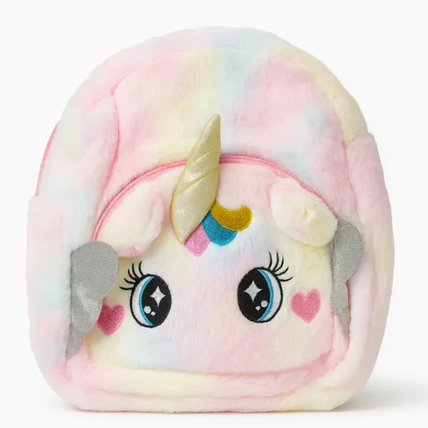 Rucsac plus Unicorn multicolor pentru copii, foarte moale, 35x30 cm, model cu corn auriu