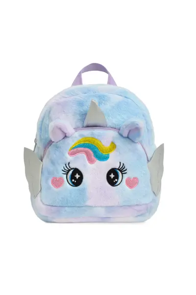 Rucsac Unicorn Pufos pentru Copii, Model Curcubeu, 32 cm, Material Moale, Design 3D