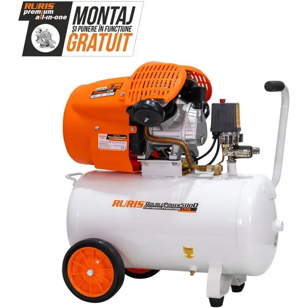 Ruris Compresor aer RURIS Double Power 5000 , 3cp , 50L , 8bar, 2200 W, Alb-Negru-Portocaliu