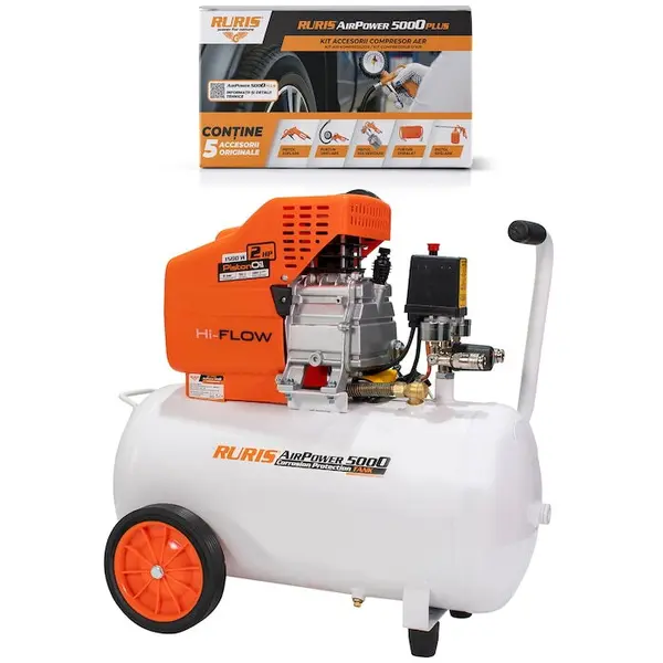 Ruris Compresor de aer Ruris AirPower5000PLUS, 50 l, 1500W, 8 bar, 180 L/min, kit de accesorii (pistol suflare, pistol pulverizare, pistol spalare, pistol umflare, furtun spiralat)