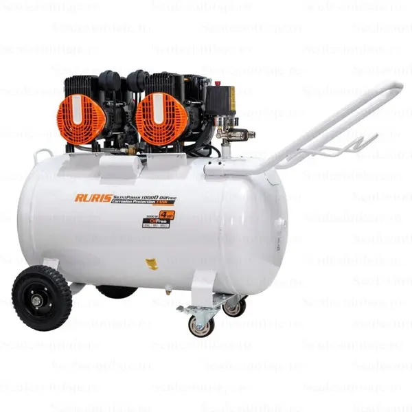 Ruris Compresor Silentios Ruris Silent Power 10000 OilFree – 3000W, 100L, 528 l/min, 8 Bar, Fara Ulei, 2 Cilindri, 2 Iesiri, Protectii Multiple, Alb-Negru-Portocaliu