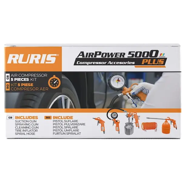 Ruris Kit accesorii compresor RURIS, AirPower 5000PLUS, pistol suflare, pistol pulverizare, pistol spalare, pistol umflare, furtun spiralat