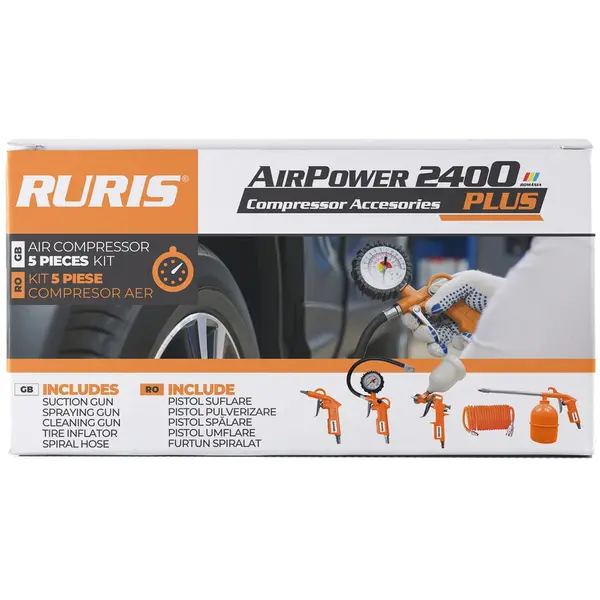 Ruris Kit accesorii Compresor Ruris AirPower2400plus (contine : pistol suflare, pistol pulverizare, pistol spalare, pistol umflare, furtun spiralat), Gri-Porocaliu