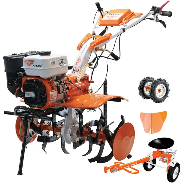 Ruris Motocultor RURIS 731ACC2, 7 CP, 208 CC, 4 timpi, 3 viteze, 830 mm latime lucru, 340 mm adancime lucru, 3.6 l benzina, roti cauciuc, rarita, accesoriu tractat