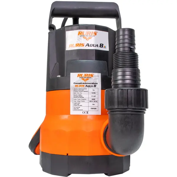 Ruris Pompa submersibila apa curata Ruris Aqua 8, 400 W, 7m³/h debit apa, 7 m inaltime refulara, 35°C temperatura maxima, 10 m lungime cablu, Negru-Portocaliu