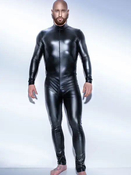 S - Catsuit barbatesc din material lucios H043 Negru