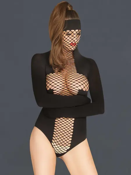 S/L - Body din material elastic cu masca faciala integrata KI4022 Negru