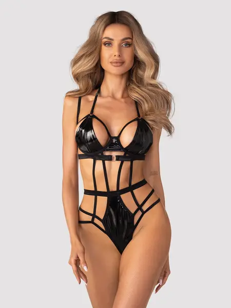 S/M - Body din material lucios tip latex Keira Lise Negru