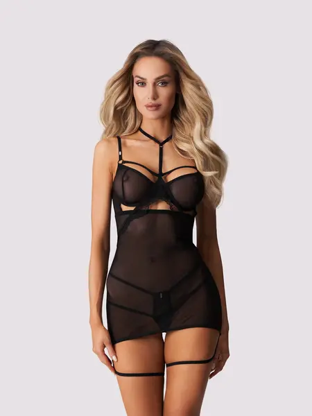 S/M - Camasuta seducatoare din tul cu accesoriu de gat si portjartier incluse Arrowel Negru