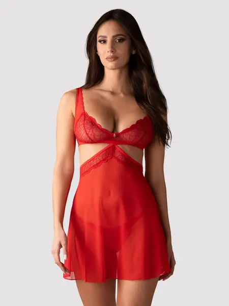 S/M - Chemise din tul si dantela cu chilot string inclus Cupide Desir Rosu