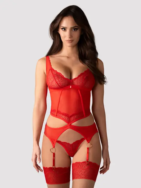 S/M - Corset din tul si dantela cu chilot tanga inclus Cupide Desir Rosu