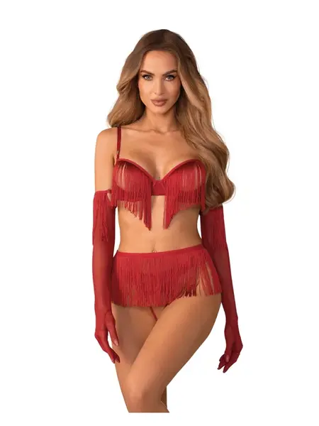 S/M - Set rosu cu design deschis, inclusiv mănuși asortate Rossay Red 4-PCS Crotchless Set Rosu