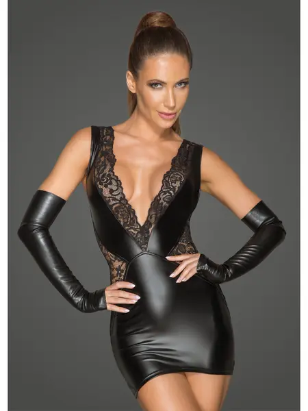 S - Rochie din imitatie de piele F212 Negru
