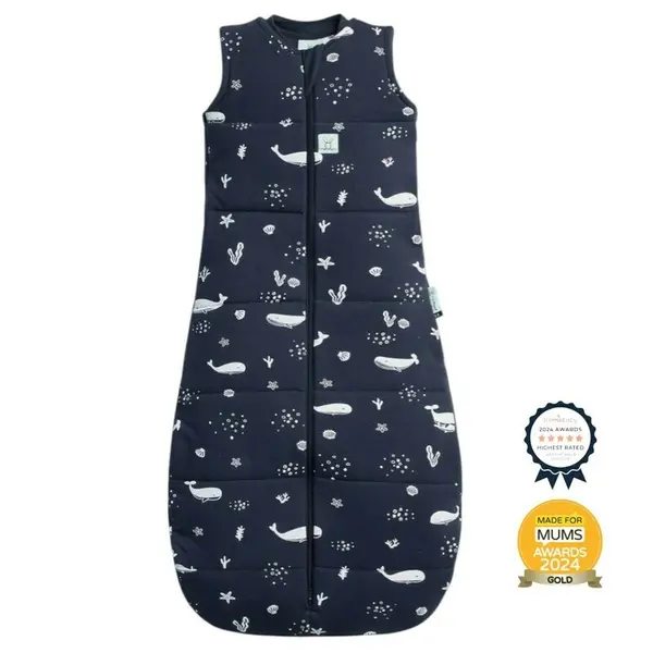 Sac de dormit, ErgoPouch, Jersey, 3-12 luni, 6-10 kg, TOG 2.5, Bumbac organic, Fermoar bidirectional, Lavabil la masina, Croiala slim fit, Certificat non-toxic, Premiat in Australia, Model balene, Albastru