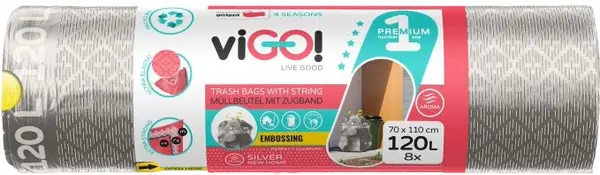 Saci de gunoi cu legături viGO! - Premium #1, 120 l, 8 buc, argintiu