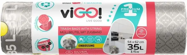 Saci de gunoi cu legături viGO! - Premium #1, 35 l, 15 buc, argintiu