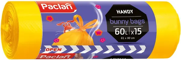 Saci de gunoi parfumați Paclan - Bunny, 60 l, 15 buc., galben
