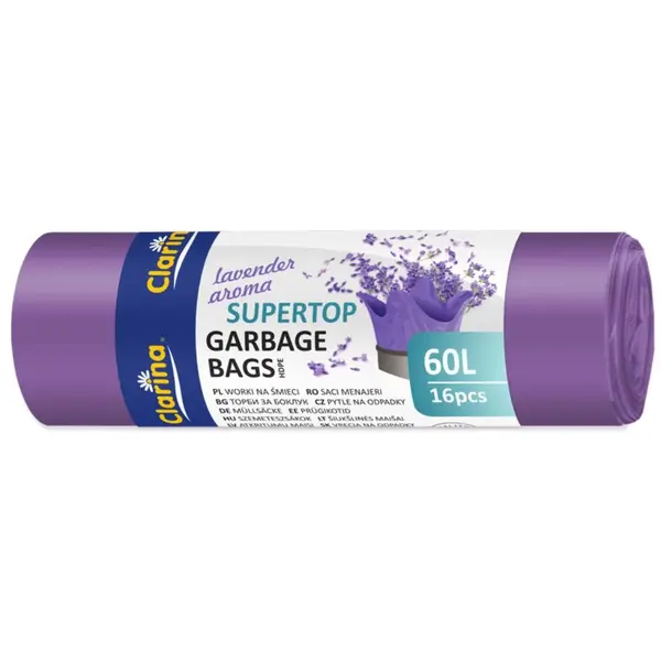 Saci menajeri Clarina 60L cu urechi de prindere 16 buc/rola mov lavanda Saci menajeri Clarina 60L cu urechi de prindere 16 buc/rola mov lavanda