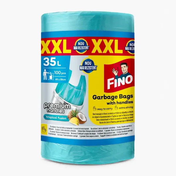 Saci menajeri cu mânere 35L parfumați albaștri FINO HD 100 buc/rolă Saci menajeri cu mânere 35L parfumați albaștri 100 buc FINO HD