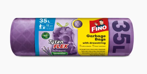 Saci menajeri cu snur 35 L mov Fino Tytan Flex 12 bucati/rola Saci menajeri cu snur 35 L mov Fino Tytan Flex 12 bucati/rola